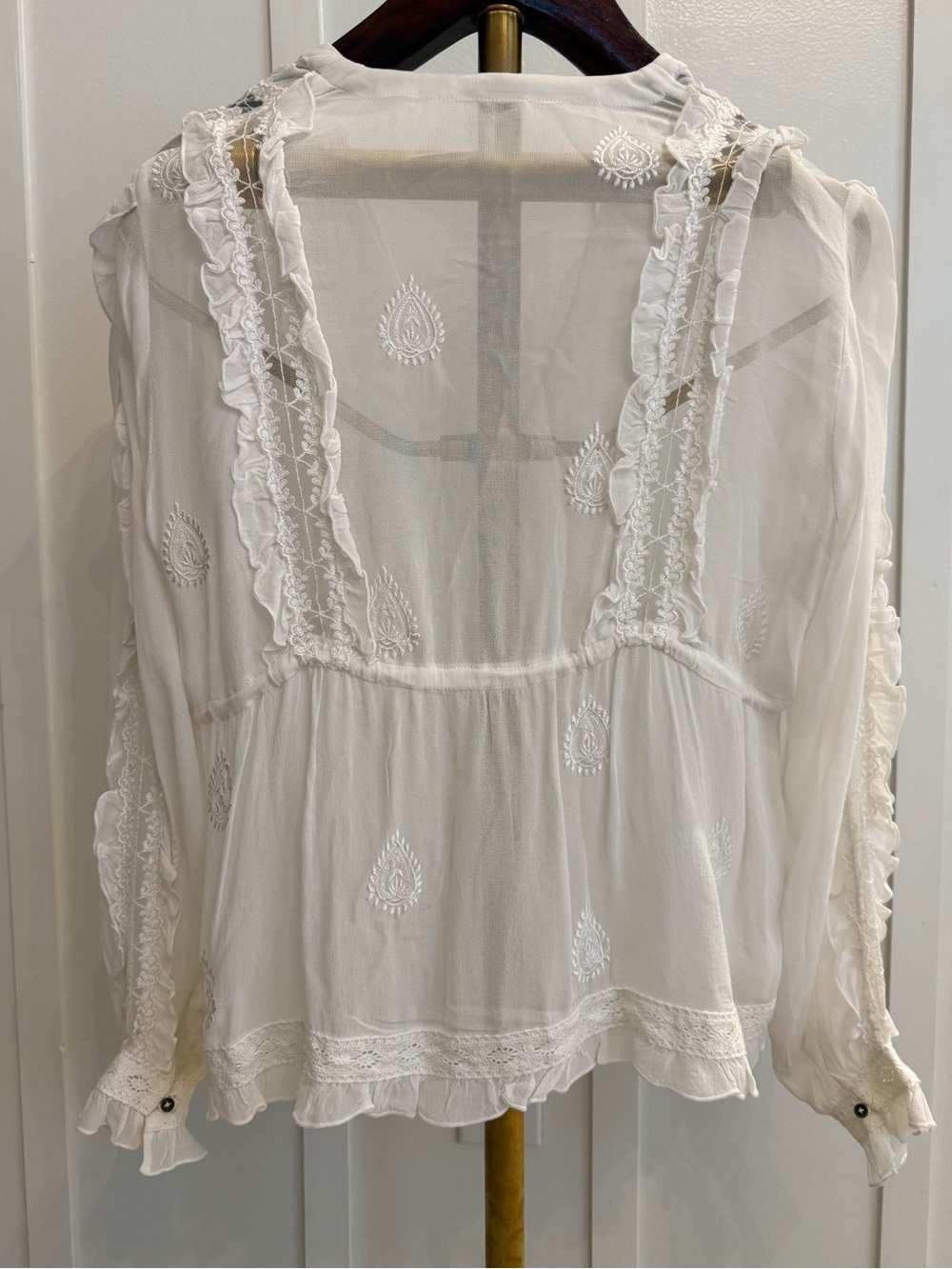 CHAN LUU WHITE SHEER PAISLEY LACE RUFFLE TRIM SILVER BELL TIES ROMANTIC BOHO TOP - Picture 3 of 15